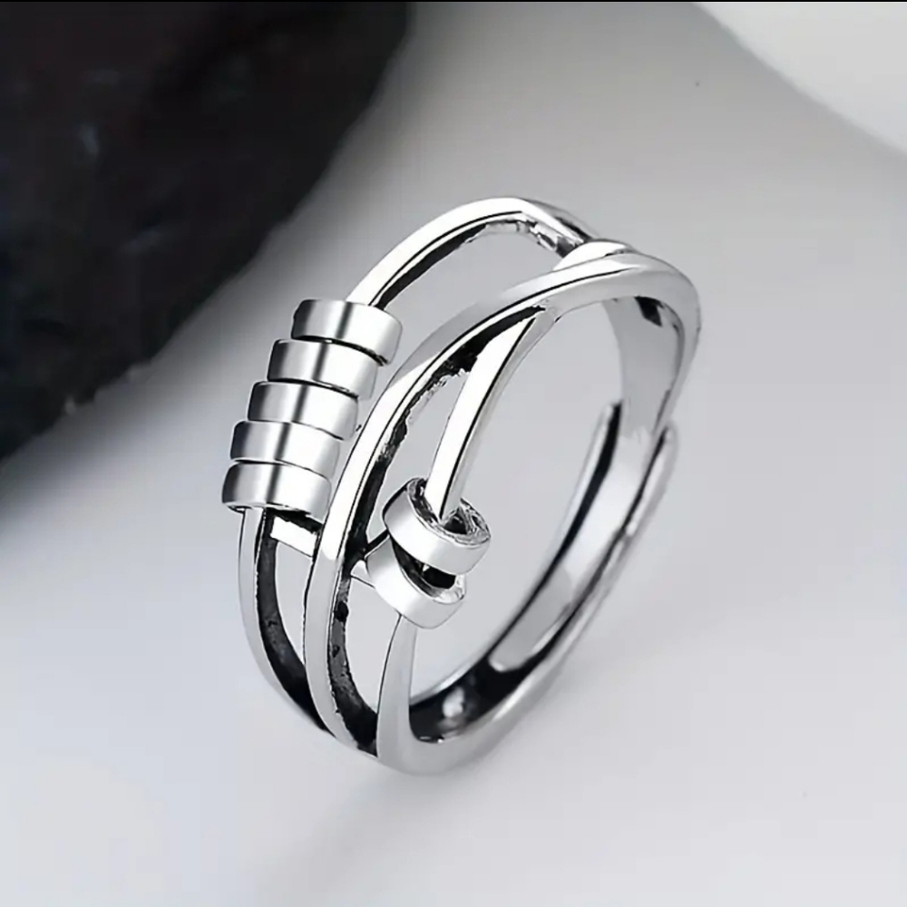 SILVER polished stainless steel fidget anxiety spinner ring. Adjustable